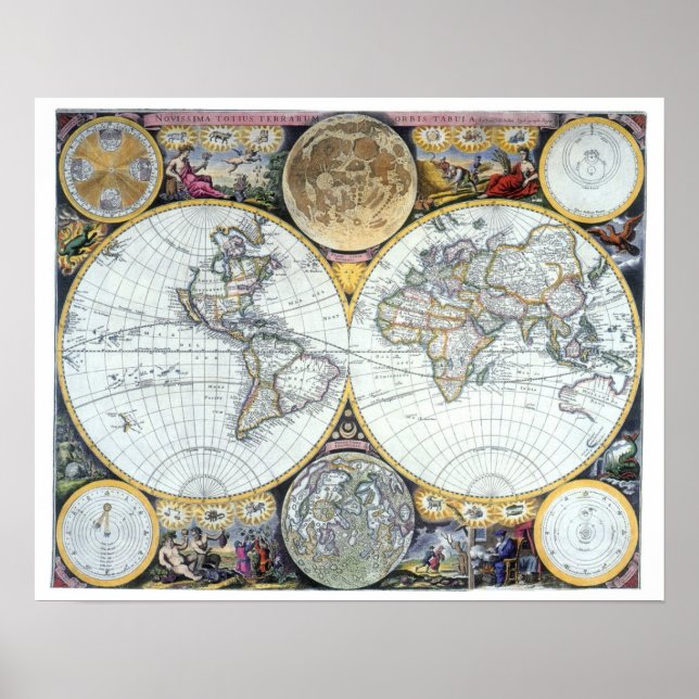 Antique World Map, Atlas Maritimus von John Seller Poster (Vorne)