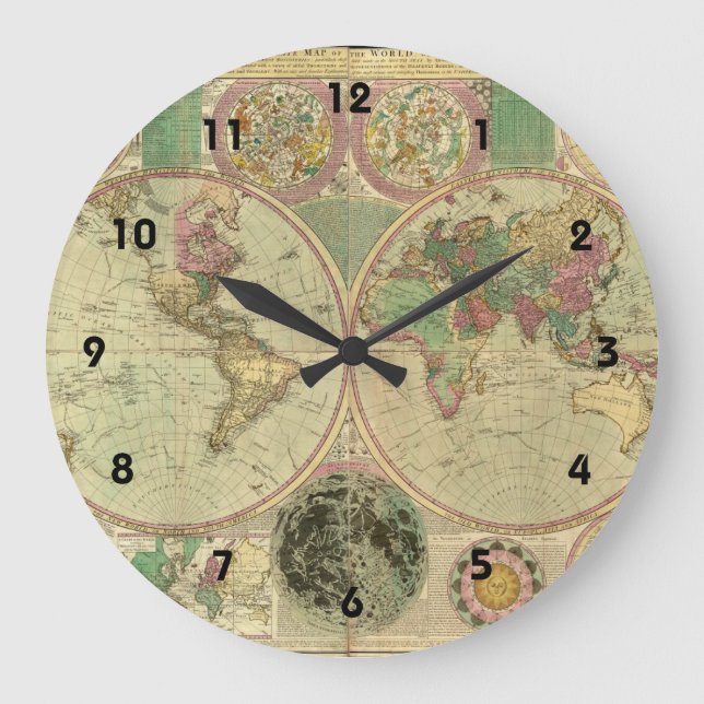 Antique World Map by Carington Bowles, circa 1780 Große Wanduhr (Vorderseite)