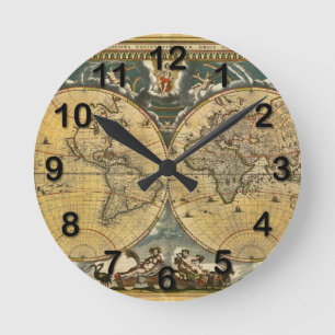 Antique World Map Distressed #2 Runde Wanduhr