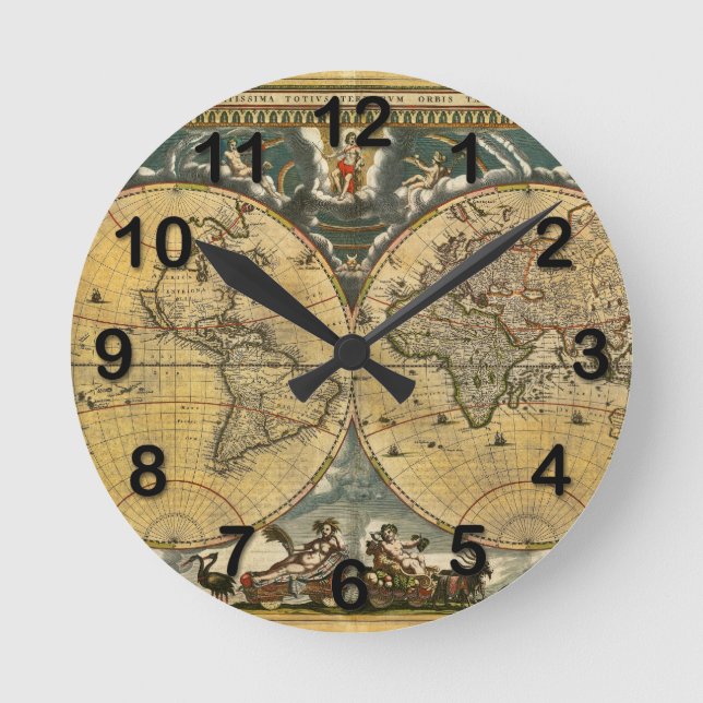 Antique World Map erschüttert #2 Runde Wanduhr (Vorderseite)