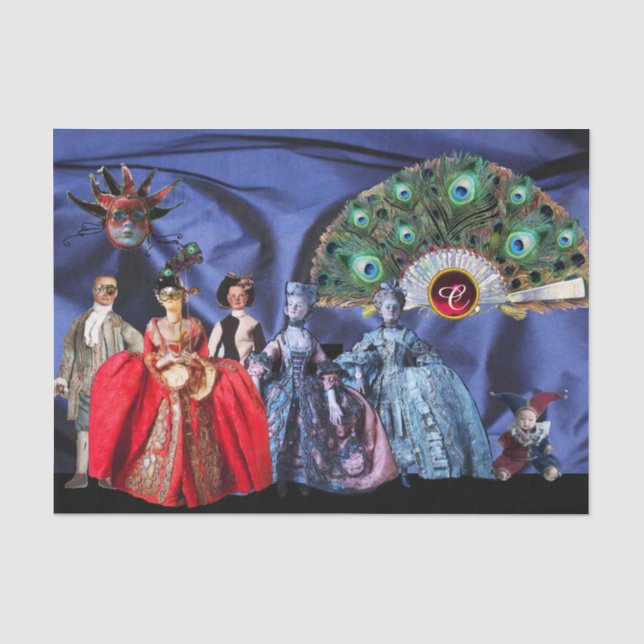 ANTIQUITALIENISCHE PUPPETS, MASQUERADE MASKS Blau Seidenpapier (Vorderseite)