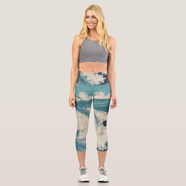 Antiquitäten Japanisch Blue Waves Ocean Print Capri Leggings (Vorderseite)