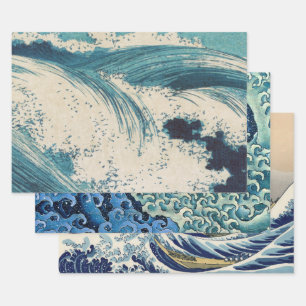 Antiquitäten Japanisch Blue Waves Ocean Print Geschenkpapier Set