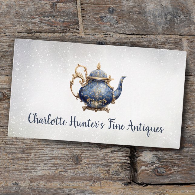 Antiquitätengeschäft, Vintage Teekanne, Gold und B Visitenkarte (vintage china, blue and gold tea pot victorian style)