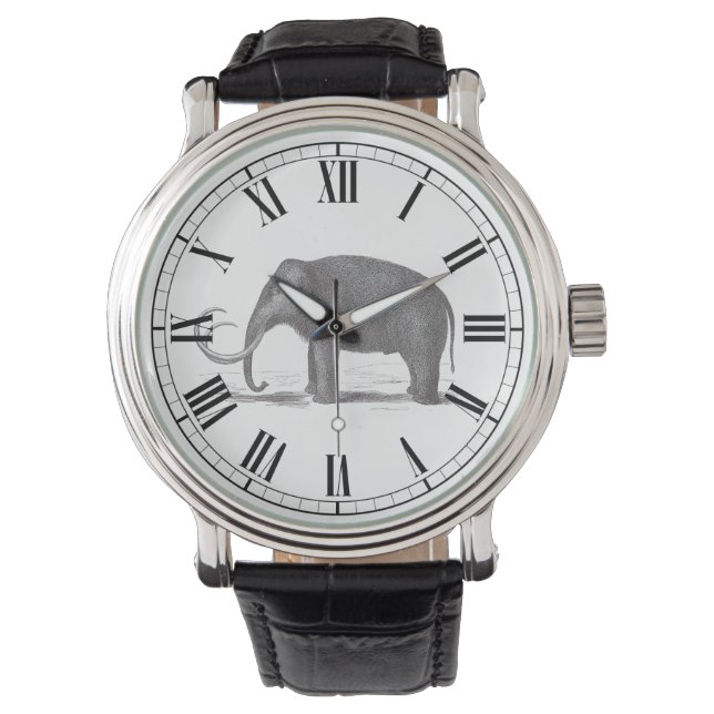 Antiquitätengravur aus Wooly Mammoth Roman Numeral Armbanduhr (Vorderseite)