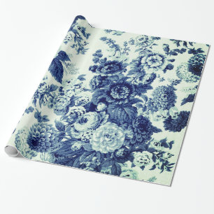 Antiquitätengrün Indigoblau Vintage Blumentoile Geschenkpapier
