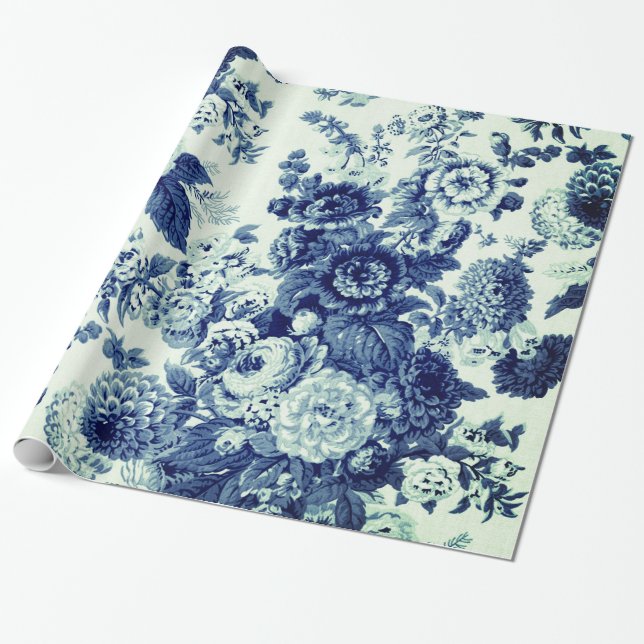 Antiquitätengrün Indigoblau Vintage Blumentoile Geschenkpapier (Ungerollt)
