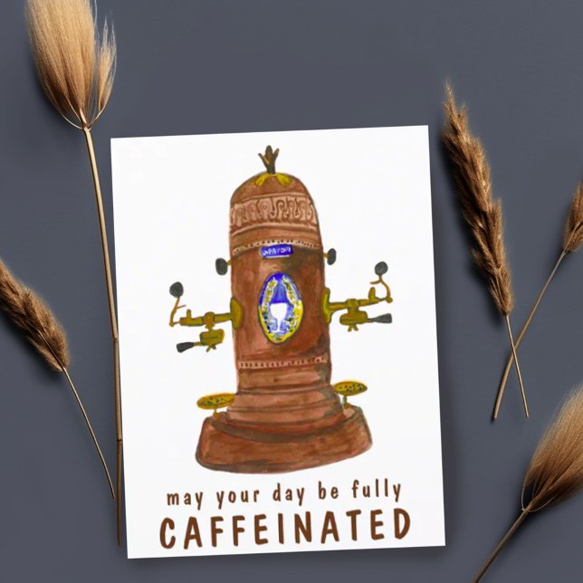Antiquitätenkaffee Espresso-Kaffeemaschine KURZ -  Postkarte (Cute funny postcard with vintage espresso machine watercolor. Customize with your own text. )