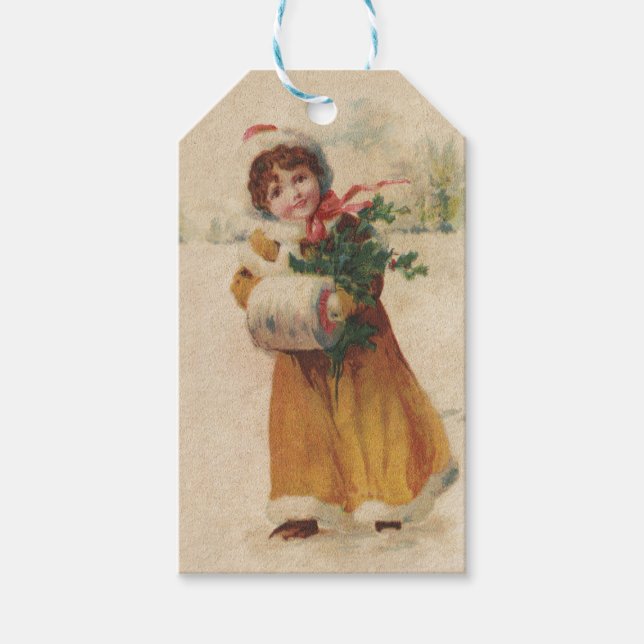 Antiquitätenmädchen Winterkind Geschenkanhänger (Vorderseite)