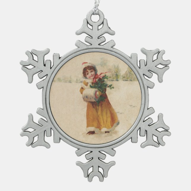 Antiquitätenmädchen Winterkind Schneeflocken Zinn-Ornament (Vorderseite)