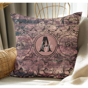 Antiquitätenmonogramm aus Lila Holz und schwarzer  Kissen