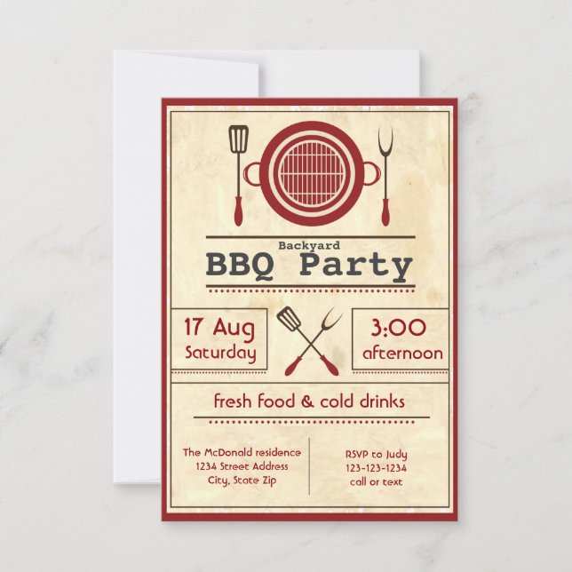 Antiquitätenpapier GRILLEN Party - 3x5 Einladung (Vorderseite)