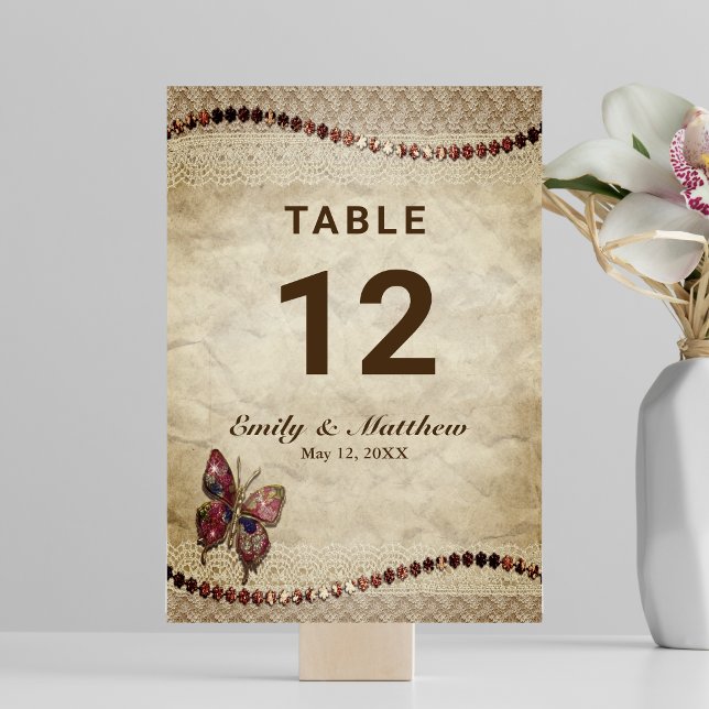 Antiquitätenpapier, Spitzen, Perlen, Schmetterling Tischnummer (Antique Parchment, Lace, Beads, Butterfly Wedding Table Number)