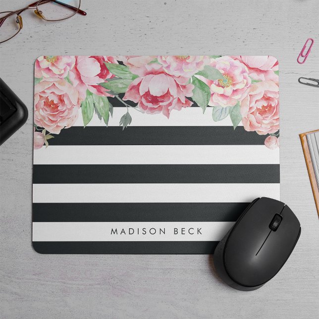 Antiquitätenrosa Peony & Holzkohlestreifen Mousepad (Von Creator hochgeladen)