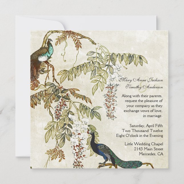 Antiquitätenschau Pfau Hochzeit Einladung (Vorderseite)