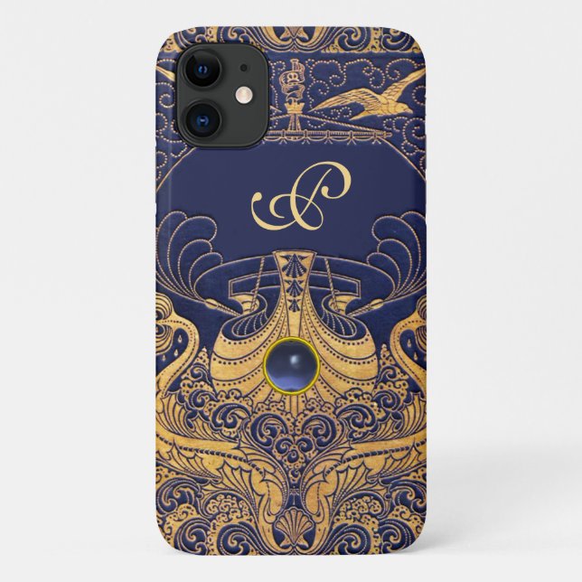 Antiquitätenschiff, Delphine, Gold, Navy Blue Mono Case-Mate iPhone Hülle (Rückseite)