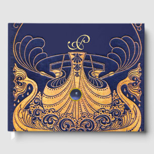 Antiquitätenschiff, Delphine, Gold, Navy Blue Mono Gästebuch
