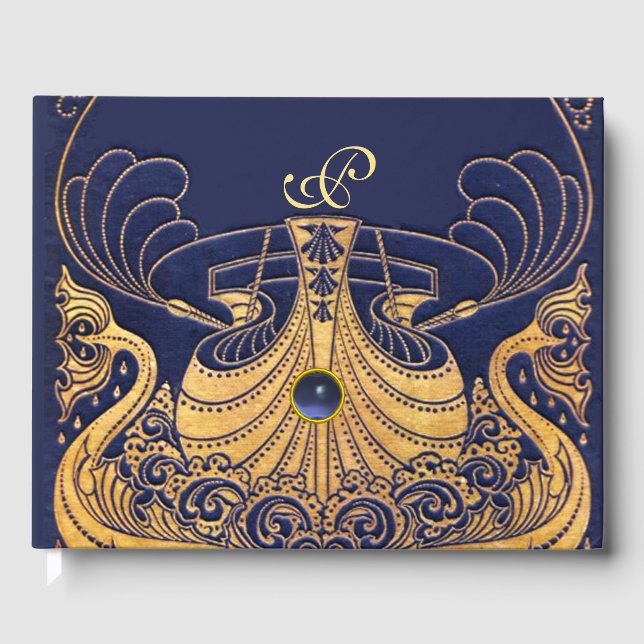 Antiquitätenschiff, Delphine, Gold, Navy Blue Mono Gästebuch (Vorderseite)