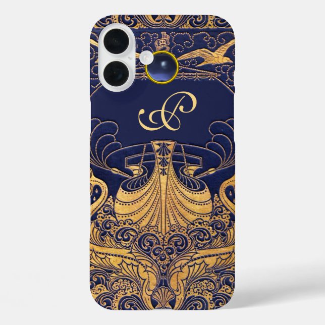 Antiquitätenschiff, Delphine, Gold, Navy Blue Mono iPhone 16 Plus Hülle (Rückseite)