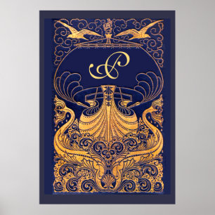Antiquitätenschiff, Delphine, Gold, Navy Blue Mono Poster