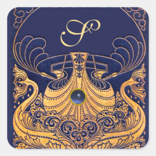 Antiquitätenschiff, Delphine, Gold, Navy Blue Mono Quadratischer Aufkleber