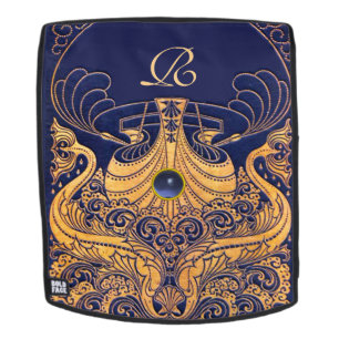 Antiquitätenschiff, Delphine, Gold, Navy Blue Mono Rucksack