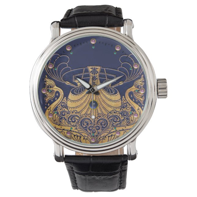 Antiquitätenschiff, Delphine, Gold, Navy Blue Naut Armbanduhr (Vorderseite)