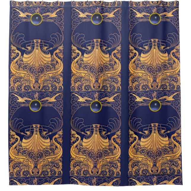 Antiquitätenschiff, Delphine, Gold, Navy Blue Naut Duschvorhang (Vorderseite)