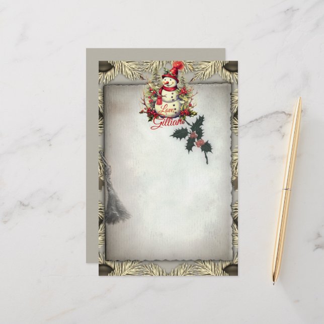 Antiquitätenschneemann Weihnachtsborder Briefpapier (Vorderseite/Rückseite Beispiel)