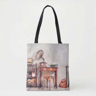 Antiquitätenstuhl, alte Schreibmaschine, Retroradi Tasche