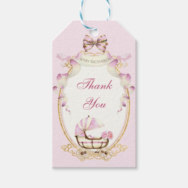 Antiquitätentransport Pink Gold Rose Gingham Geschenkanhänger (Vorderseite)