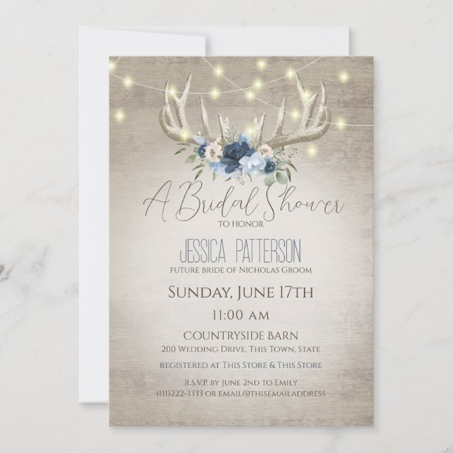 Antler and Lights Floral Blue Brautparty Einladung (Vorderseite)