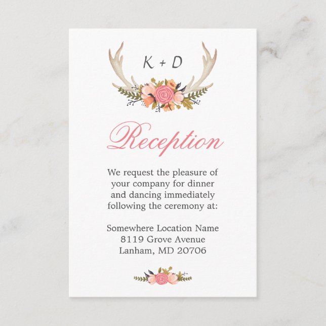 Antler Floral Wedding Reception Direction Begleitkarte (Vorderseite)