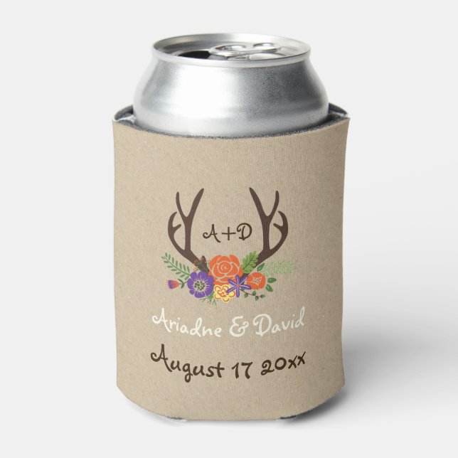 Antler & lila, orangefarbene Blume Dosenkühler (Kanne Vorderseite)