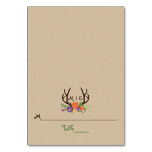 Antler & orange-violette Blumen Hochzeit Platzkart Tischnummer