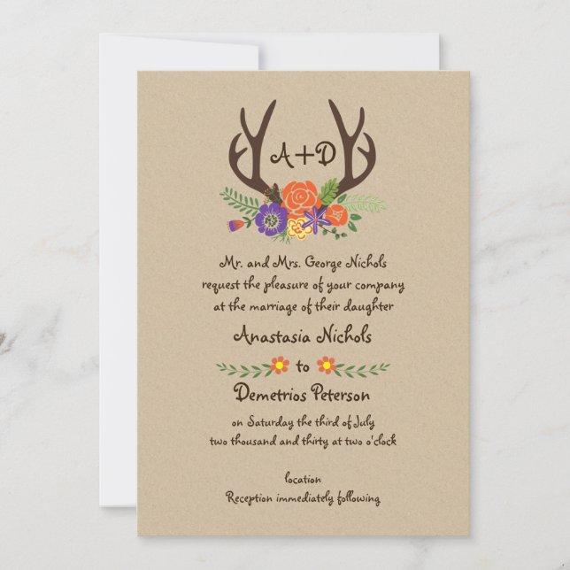 Antler & Orangen-Blume-Monogramm-Waldhochzeit Einladung (Vorderseite)