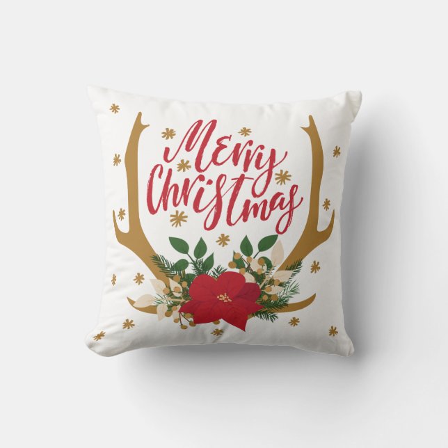 Antler und Poinsettia Rot und Gold Weihnachten Kissen (Vorderseite)