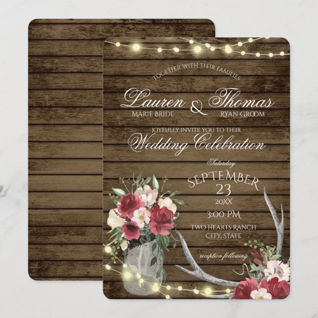 Antler und String Lights Rustic Burgundy Floral I Einladung (Vorne/Hinten)