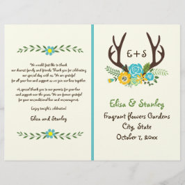 Antlers & aqua Blume Monogramm Hochzeitsprogramm
