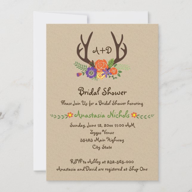 Antlers & Blume monogramm Hochzeitsszenario Brautp Einladung (Vorderseite)