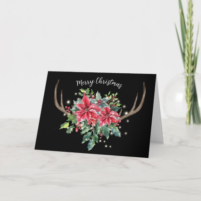 Antlers de cerfs avec carte de bouquet Poinsettia (Devant)