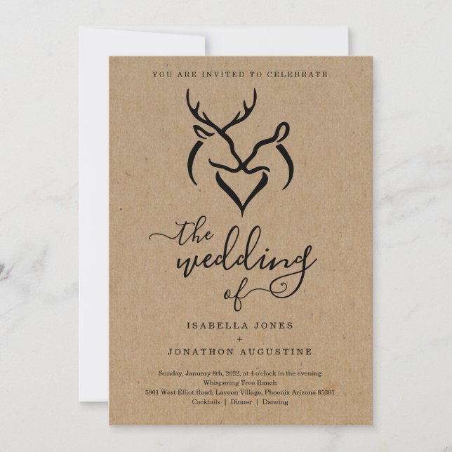Antlers Doe & Deer Heart Jäger Hochzeit Einladung (Vorderseite)