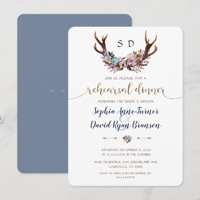Antlers Dusty Blue Blush Probe Dinner Einladung (Vorne/Hinten)