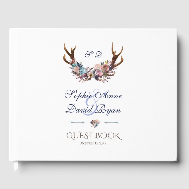 Antlers Dusty Blue Pink Floral Wedding Gästebuch (Vorderseite)