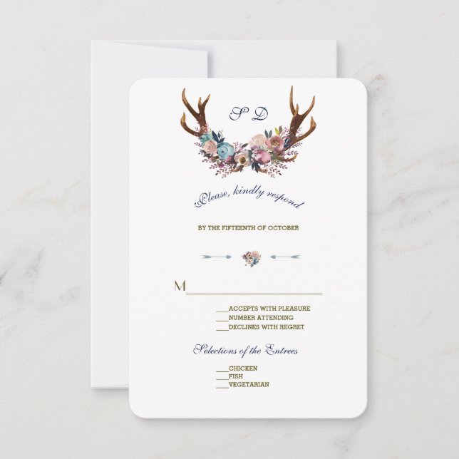 Antlers Dusty Blue Rose Floral | Mariage RSVP (Devant)