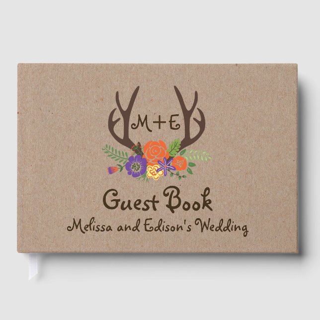 Antlers floral monogram boho Hochzeitsgast-Buch Gästebuch (Vorderseite)