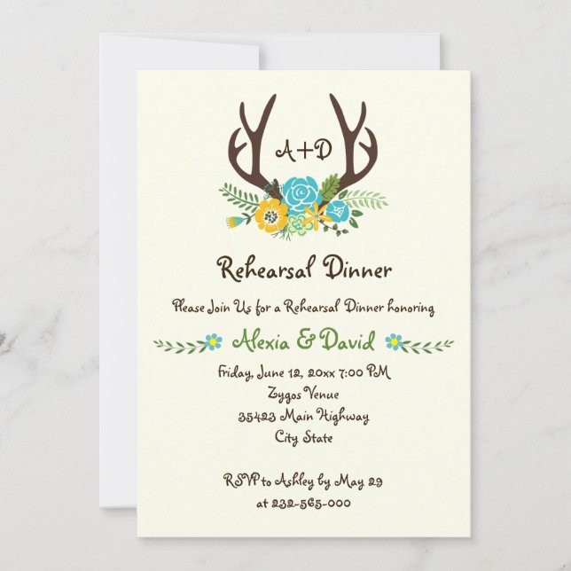 Antlers floral monogram Hochzeit Probe Dinner Einladung (Vorderseite)