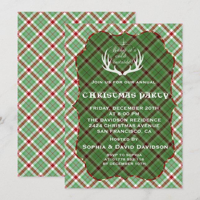 Antlers Green Kariert Weihnachts-Party Einladung (Vorne/Hinten)