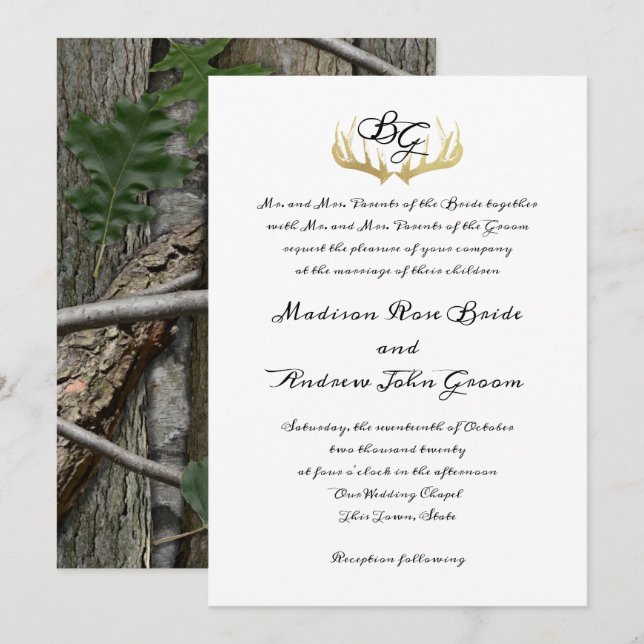 Antlers Monogram und Woodland Trees Wedding Einladung (Vorne/Hinten)