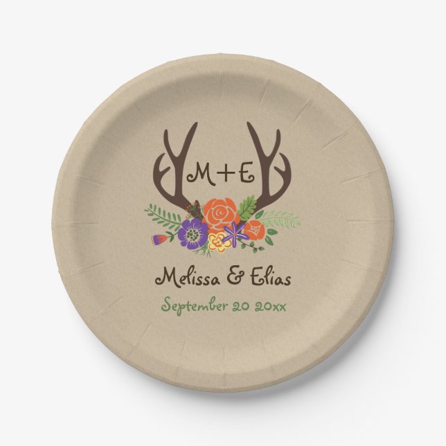 Antlers & orange violette Blumen rustikale Hochzei Pappteller (Vorderseite)